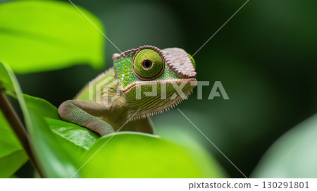 Chameleon lizard displaying green camouflage in nature with striking eyes 130291801