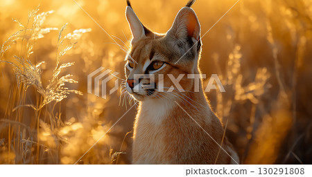 Caracal feline wildcat at sunset in the savannah with majestic golden ears and fur 130291808