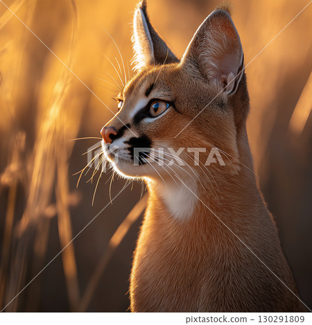 Wildlife close-up of a majestic caracal standing in golden dusk light in nature 130291809