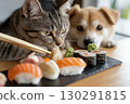 Tabby cat and Akita dog dining with chopsticks and sushi rolls, including salmon and fish apps 130291815