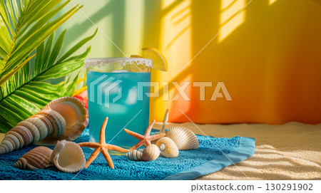 Blue Lagoon cocktail with vivid blue color in tall glass garnished with lemon slice and salt rim, surrounded by starfish and seashells on blue towel with tropical leaves and gradient sunset backdrop 130291902