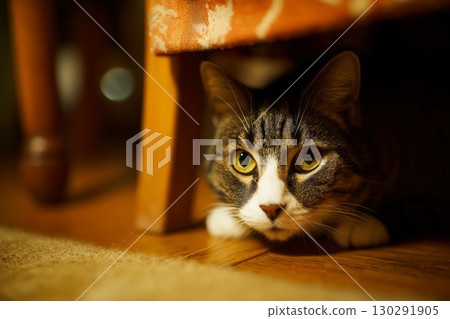 Alert cat under chair on wooden floor, focused eyes and soft fur details, warm light and cozy indoor atmosphere creating a relaxed yet attentive feline portrait. 130291905