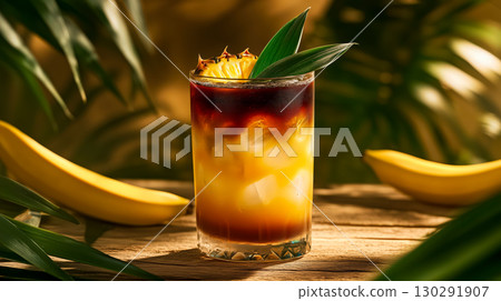 Jungle bird cocktail in tall glass with visible dark rum and juice layers, topped with pineapple slice and green tropical leaf, served on rustic wooden table with bananas and palm leaves background 130291907
