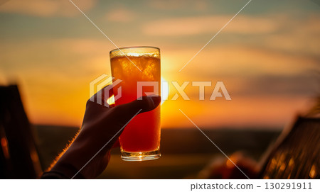 Chilled cocktail held up against glowing sunset sky with hand silhouetted in foreground; cocktail glass reflects light as cocktail becomes focal point in relaxing summer sunset moment 130291911