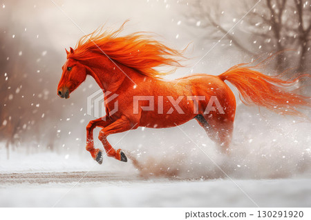Red fairy horse with mane in snowy forest with light 130291920