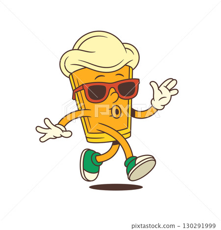 Happy Yellow Cartoon Beer Glass Mascot Running Whistling Wearing Red Sunglasses Vector Illustration Happy Yellow Cartoon Beer Glass Mascot Running Whistling Wearing Red Sunglasses Vector Illustration 130291999