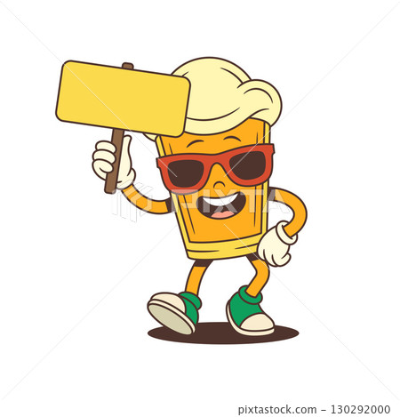 Happy Yellow Cartoon Beer Glass Mascot Wearing Red Sunglasses Holding Blank Sign Smiling Vector Illustration 130292000