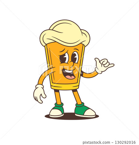 Cheerful Cartoon Beer Glass Mascot Showing Hang Loose Hand Gesture With Foam Head Vector Illustration 130292016