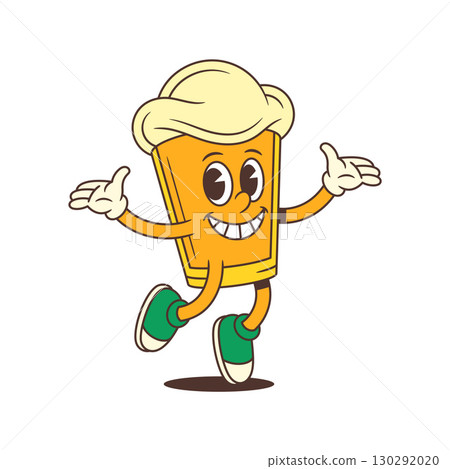 Joyful Cartoon Beer Glass Mascot With Foam Head Jumping With Open Arms Vector Illustration 130292020