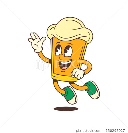 Cartoon Beer Glass Mascot Jumping Happily While Waving Hand And Looking Up Vector Illustration 130292027