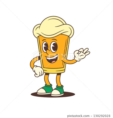Smiling Cartoon Beer Glass Mascot Cheerfully Showing Ok Hand Sign With Foam Head Vector Illustration 130292028