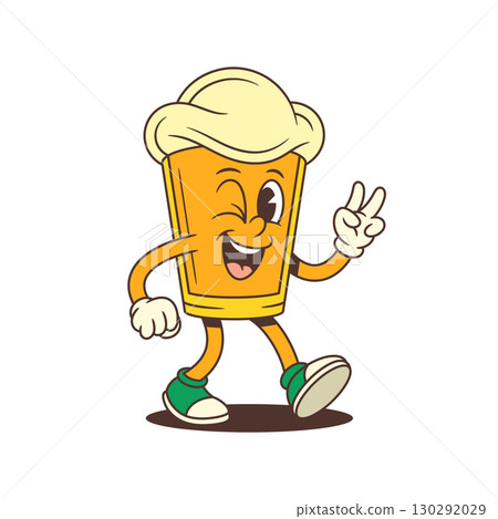 Happy Cartoon Beer Glass Mascot Walking Winking And Showing Peace Hand Gesture Vector Illustration Happy Cartoon Beer Glass Mascot Walking Winking And Showing Peace Hand Gesture Vector Illustration 130292029