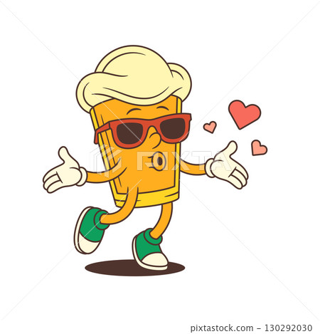Cheerful Cartoon Beer Glass Mascot Wearing Red Sunglasses Blowing Kiss With Flying Hearts Around Face Vector Illustration 130292030