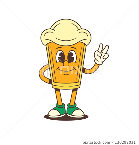 Happy Cartoon Beer Glass Mascot Smiling Slightly Showing Peace Sign Friendly Vector Illustration 130292031