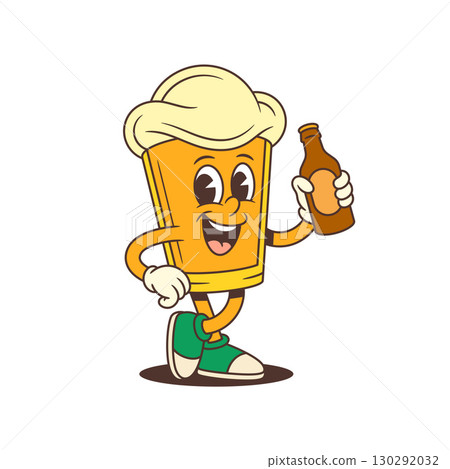 Cheerful Cartoon Beer Glass Mascot Standing Crossed Legs Holding Brown Beer Bottle Friendly Fun Design 130292032
