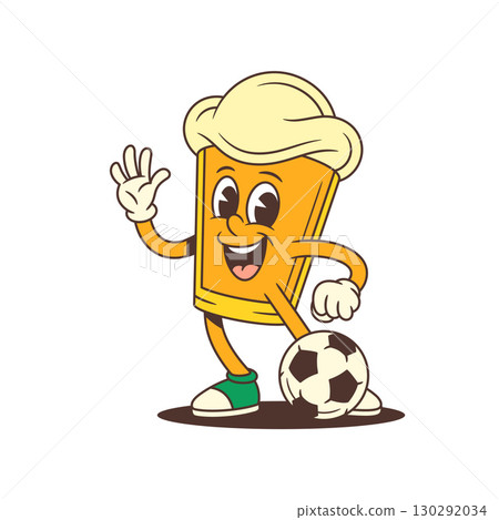 Cheerful Cartoon Beer Glass Mascot Waving Hand Standing With Football At Feet Friendly Design Vector Illustration 130292034