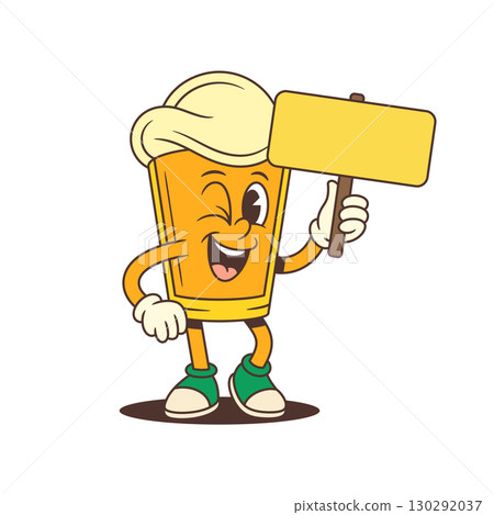Happy Yellow Cartoon Beer Glass Mascot Winking Holding Blank Yellow Signboard Vector Illustration 130292037