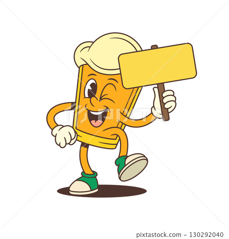 Cartoon Beer Mascot With Foam Jumping Holding Yellow Sign And Winking Vector Illustration Cartoon Beer Mascot With Foam Jumping Holding Yellow Sign And Winking Vector Illustration 130292040