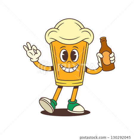 Funny Beer Glass Mascot Holding Bottle And Showing Ok Sign With Foamy Head Vector Illustration 130292045