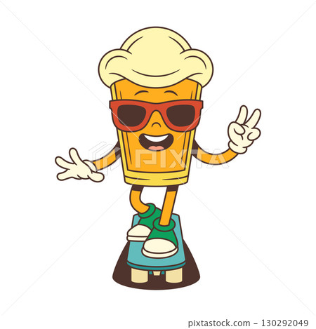 Yellow Cartoon Beer Glass Mascot Wearing Sunglasses Riding Skateboard Showing Peace Gesture 130292049