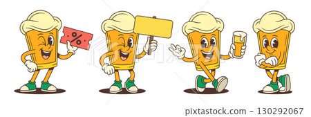 Playful Yellow Beer Mascot Character Winking Holding Coupon Walking With Glass Confident Pose 130292067