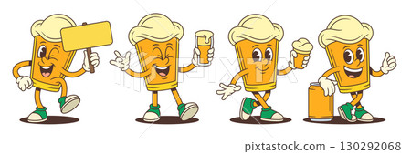 Happy Yellow Beer Mascot Character Jumping Winking Holding Glass Leaning On Big Can Thumbs Up 130292068
