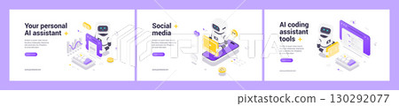 Futuristic Isometric Web Banner Templates Featuring AI Technology For Coding Media And Assistance 130292077