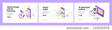 Modern Isometric Web Banner Templates Featuring AI Cloud Storage Digital Wallet And Media Creation 130292078