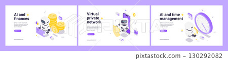 Modern Isometric Web Banner Templates With AI Technology For Finance Security And Time Management Modern Isometric Web Banner Templates With AI Technology For Finance Security And Time Management 130292082