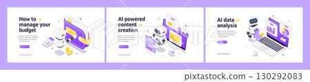 Modern Isometric Web Banner Templates Featuring AI Technology For Budget Management Content And Analytics Modern Isometric Web Banner Templates Featuring AI Technology For Budget Management Content And Analytics 130292083