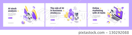 Modern Isometric Web Banner Templates Featuring AI Technology For Stock Market Business Strategies And Online Marketing 130292088