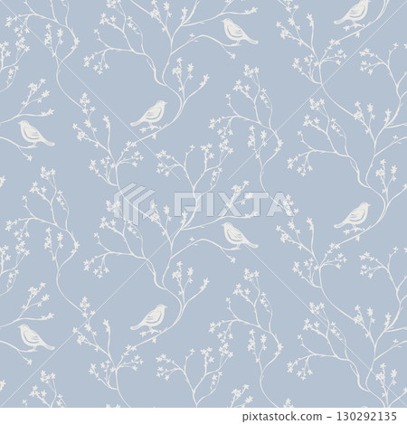 Floral seamless pattern with birds. Branch with leaves ornamental texture. Flourish nature summer garden textured background Floral seamless pattern with birds. Branch with leaves ornamental texture. Flourish nature summer garden textured background 130292135