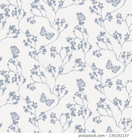 Floral seamless pattern with butterflies. Branch with leaves ornamental texture. Flourish nature summer garden textured background 130292137