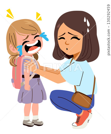 Sad Crying Girl With Consoling Mother On First Day Of School Sad Crying Girl With Consoling Mother On First Day Of School 130292459