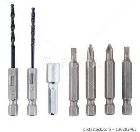 set of drill bits and screwdriver bits, on a white background set of drill bits and screwdriver bits, on a white background 130292465