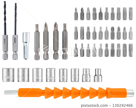 large set of drill bits and screwdriver bits, on a white background 130292466