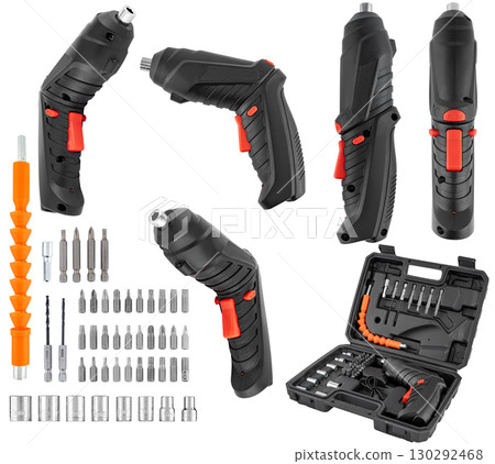 Cordless electric screwdriver with an ergonomic handle, convenient switch, and a set of bits. On a white background. 130292468