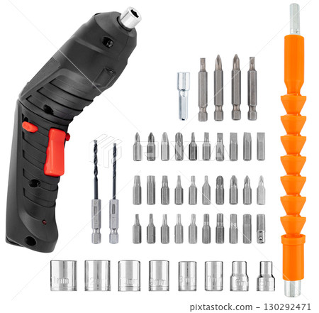 A powerful tool for professionals. A modern cordless screwdriver with an ergonomic handle on a white background. 130292471