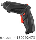 Rechargeable electric screwdriver in black with red control buttons. 130292473