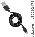 Black cable with micro USB and USB connectors, on a white background 130292478