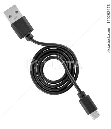 Black cable with micro USB and USB connectors, on a white background 130292478