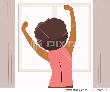 Beautiful Woman Stretching At Window Back View Relaxed Good Morning Concept Vector Illustration Beautiful Woman Stretching At Window Back View Relaxed Good Morning Concept Vector Illustration 130292484