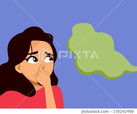 Beautiful Hispanic Woman Pinching Nose From Green Odor Cloud 130292490