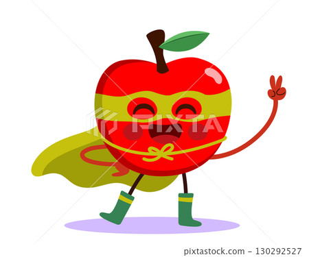 Cute Apple Character Wearing A Cape And Making Victory Sign Gesture Isolated On White Background 130292527