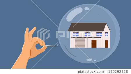 Male Hand With Needle Trying To Burst A House Inside A Bubble Real State Bubble Concept On Blue Dark Background 130292528