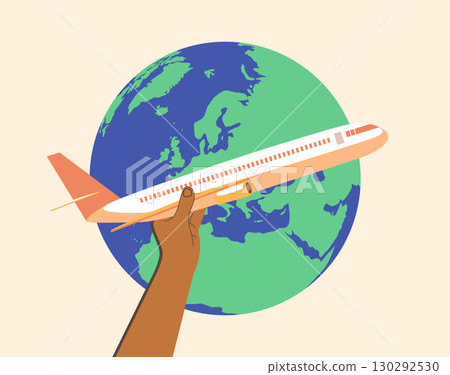 African Male Hand Holding An Aeroplane With A Planet Earth On Background Travel Concept 130292530