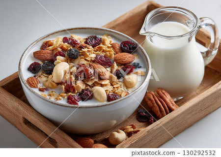 Wooden board. Top view of a tray of muesli in nuts on a bowl and milk jug on a white background. Classic breakfast. 130292532