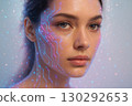 Digital Circuit Face Art With Neon Particles On Futuristic Beauty Portrait 130292653
