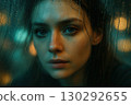 Rain-Kissed Portrait Behind Foggy Window At Night 130292655