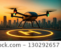 Autonomous Quadcopter Landing On Illuminated Helipad At Sunset Cityscape 130292657